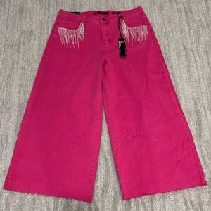 NWT Lucky & Blessed Wide Leg Crop Fit Jeans Pink Rhinestone Boho Women’s Sz 18